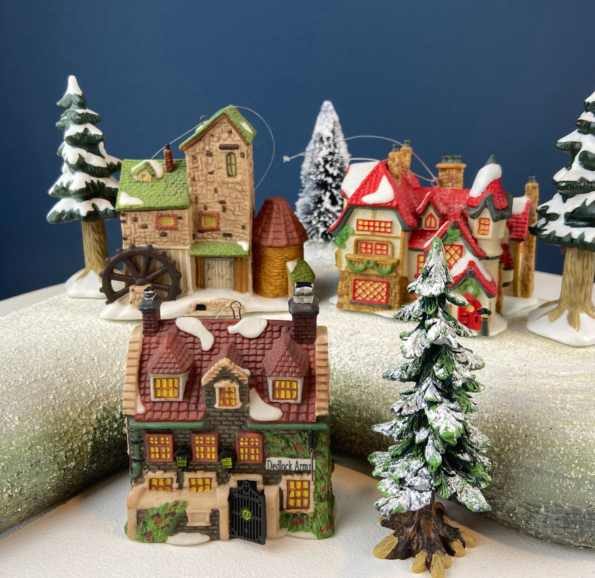 Set of 3 Tree Ornaments by Dept 56. Porcelain Hand Painted Bldgs.: Dedlock Arms, Santa's Workshop, and Dickens'Village Mill. Home or Retail. - Tampa Home & Garden Store