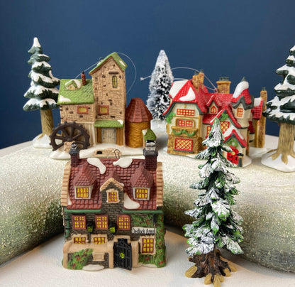 Set of 3 Tree Ornaments by Dept 56. Porcelain Hand Painted Bldgs.: Dedlock Arms, Santa's Workshop, and Dickens'Village Mill. Home or Retail. - Tampa Home & Garden Store