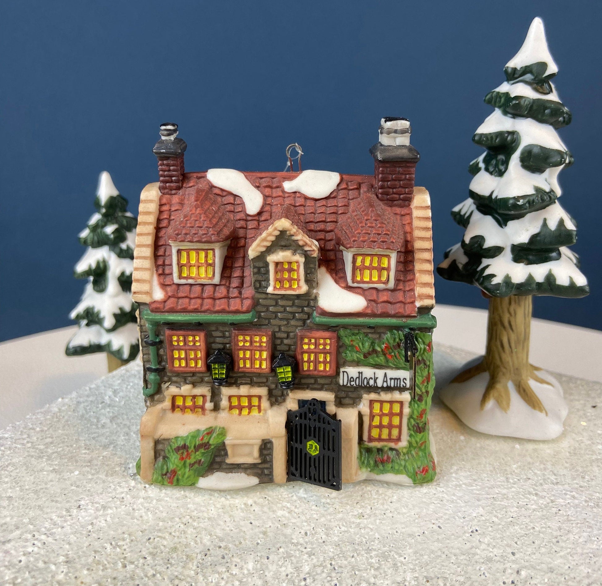 Set of 3 Tree Ornaments by Dept 56. Porcelain Hand Painted Bldgs.: Dedlock Arms, Santa's Workshop, and Dickens'Village Mill. Home or Retail. - Tampa Home & Garden Store