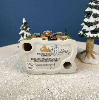 Set of 3 Tree Ornaments by Dept 56. Porcelain Hand Painted Bldgs.: Dedlock Arms, Santa's Workshop, and Dickens'Village Mill. Home or Retail. - Tampa Home & Garden Store