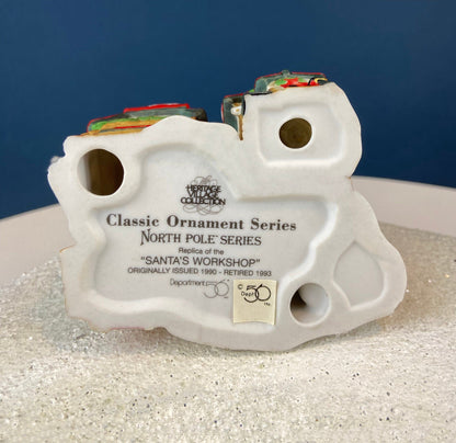 Set of 3 Tree Ornaments by Dept 56. Porcelain Hand Painted Bldgs.: Dedlock Arms, Santa's Workshop, and Dickens'Village Mill. Home or Retail. - Tampa Home & Garden Store
