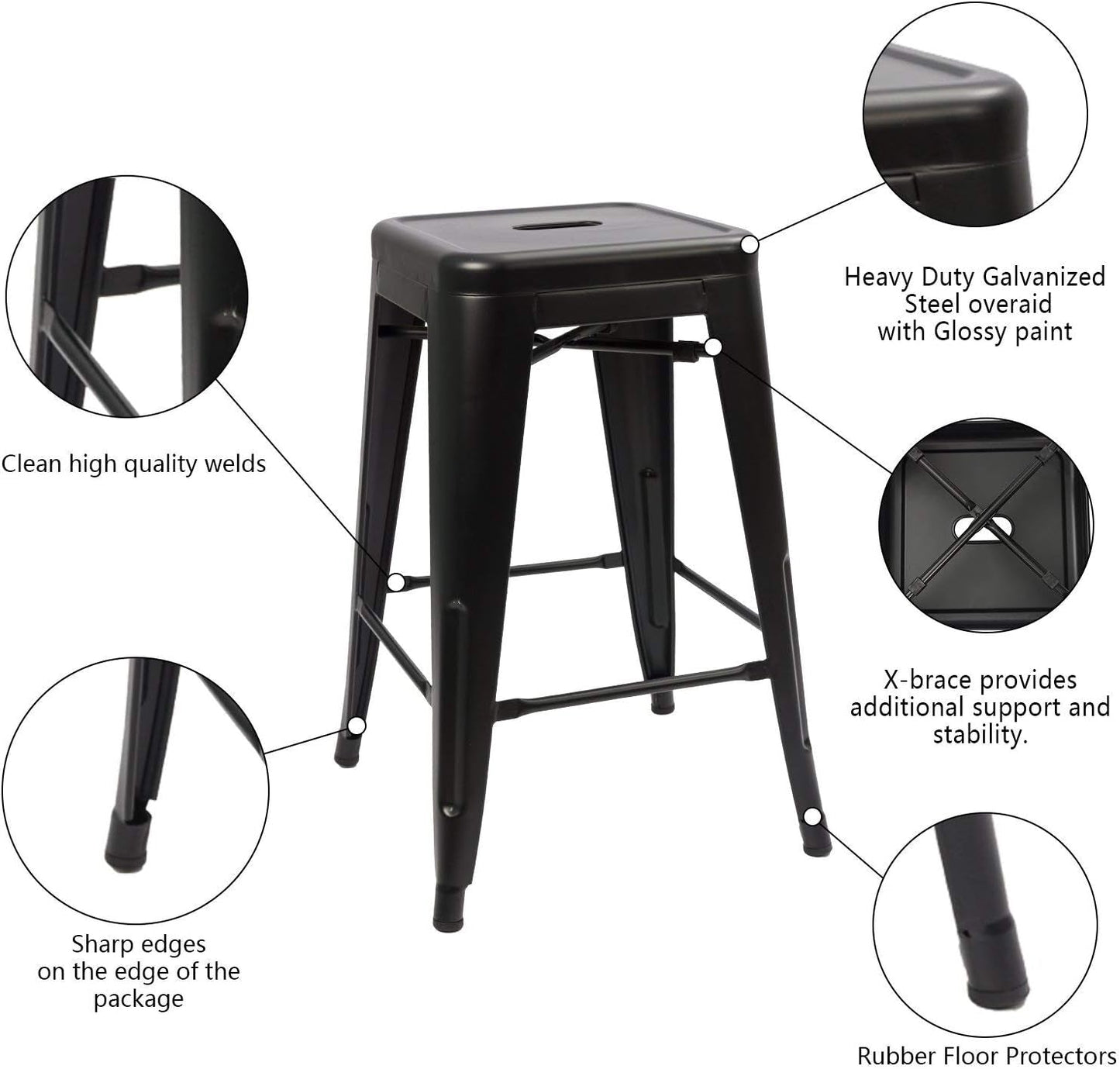Set of 4 - 24-in. Indoor/Outdoor Backless Stacking Black Metal Barstools - Tampa Home & Garden Store