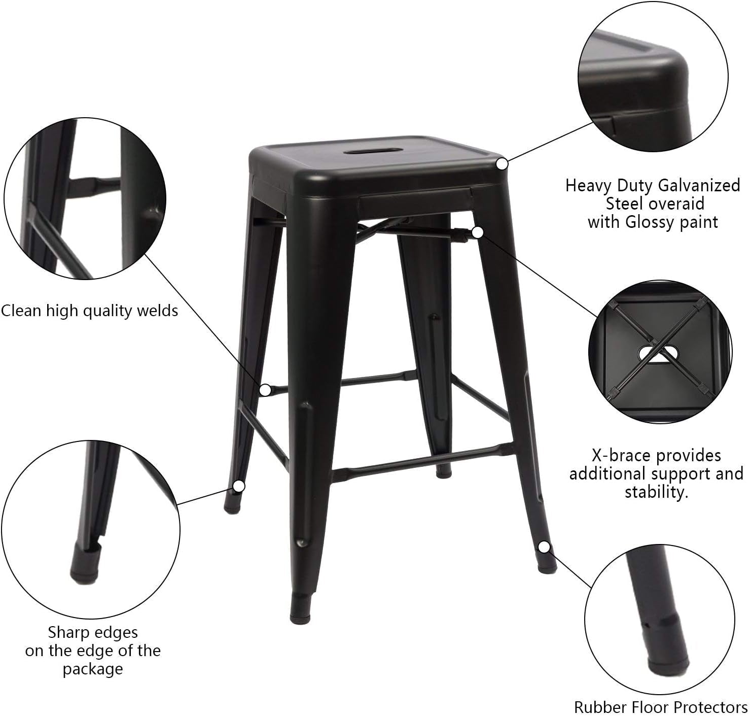 Set of 4 - 24-in. Indoor/Outdoor Backless Stacking Black Metal Barstools - Tampa Home & Garden Store