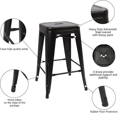 Set of 4 - 24-in. Indoor/Outdoor Backless Stacking Black Metal Barstools - Tampa Home & Garden Store