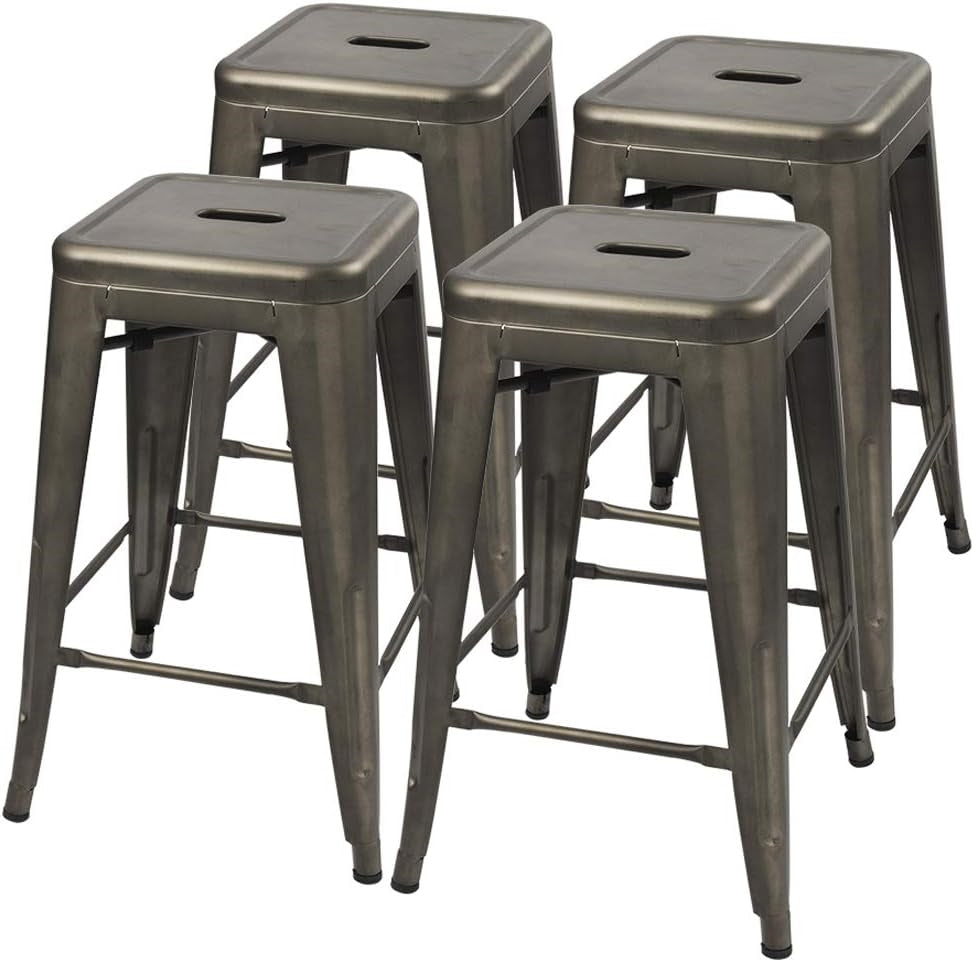 Set of 4 - 24-in. Indoor/Outdoor Backless Stacking Gunmetal Grey Metal Barstools - Tampa Home & Garden Store