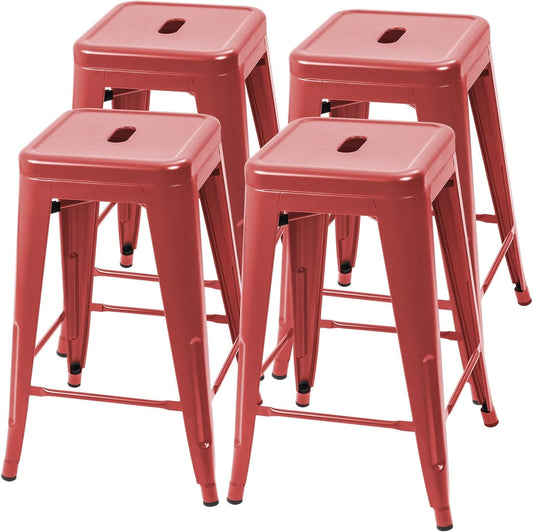 Set of 4 - 24-in. Indoor/Outdoor Backless Stacking Red Metal Barstools - Tampa Home & Garden Store