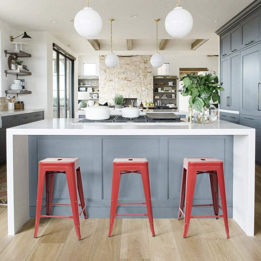 Set of 4 - 24-in. Indoor/Outdoor Backless Stacking Red Metal Barstools - Tampa Home & Garden Store