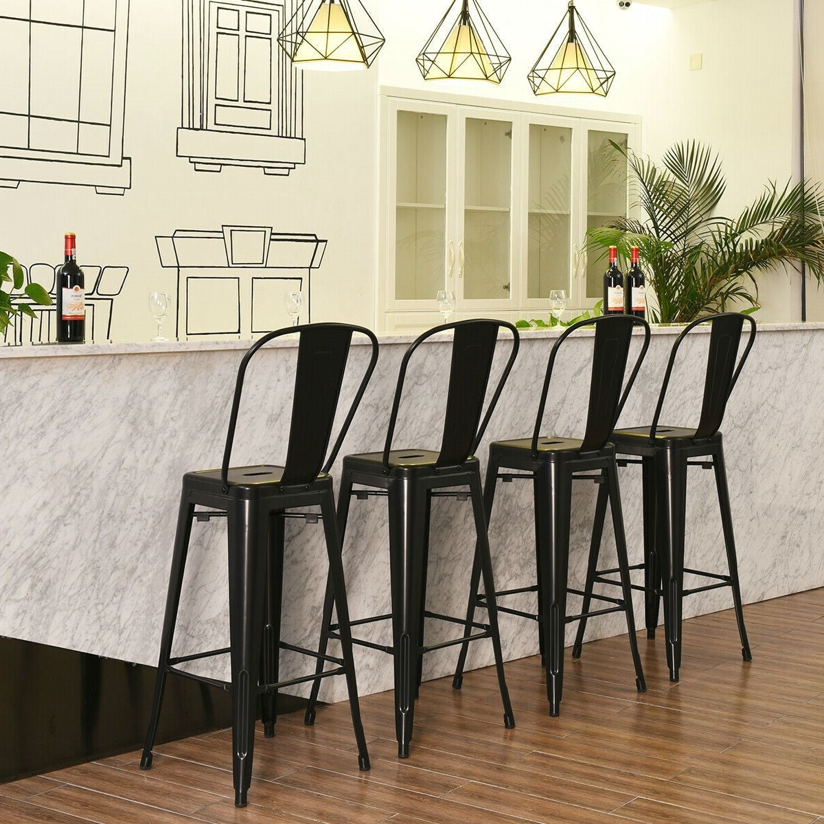 Set of 4 Black 30" Height High Back Metal Industrial Bar Stools - Tampa Home & Garden Store