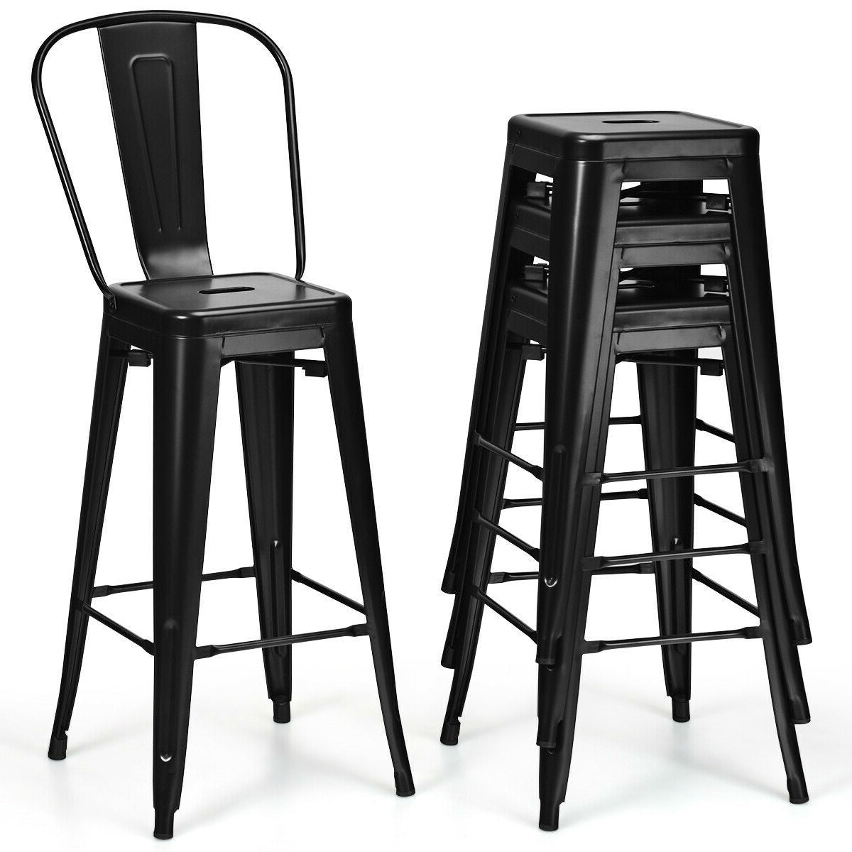 Set of 4 Black 30" Height High Back Metal Industrial Bar Stools - Tampa Home & Garden Store