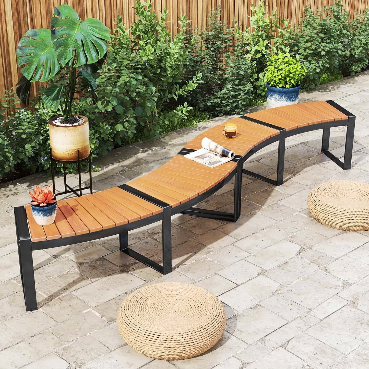 Set of 4 - Round Outdoor Metal Wood Backless Bench - Around Table Tree Fire Pit - Tampa Home & Garden Store