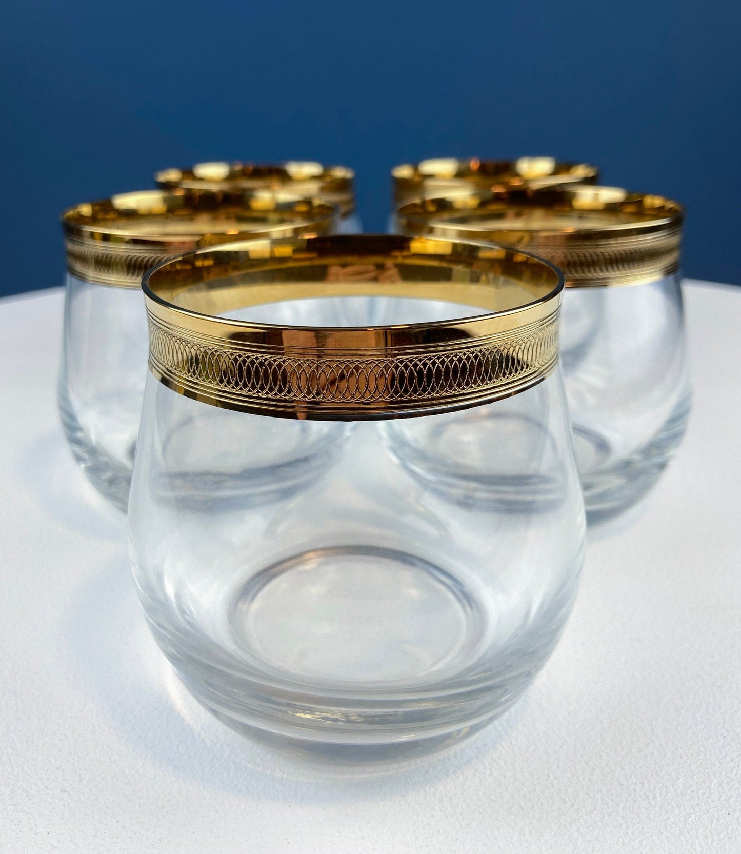 Set of 5 Whiskey or Scotch Stemless Glassware. Bold Gold Rim with Engraved Motif. Elegant Gift for Dad or Him. Office Bar. - Tampa Home & Garden Store