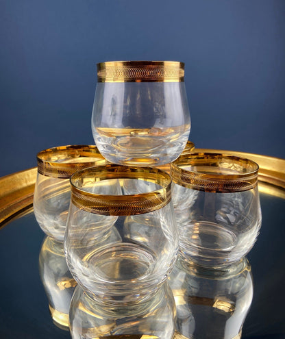 Set of 5 Whiskey or Scotch Stemless Glassware. Bold Gold Rim with Engraved Motif. Elegant Gift for Dad or Him. Office Bar. - Tampa Home & Garden Store
