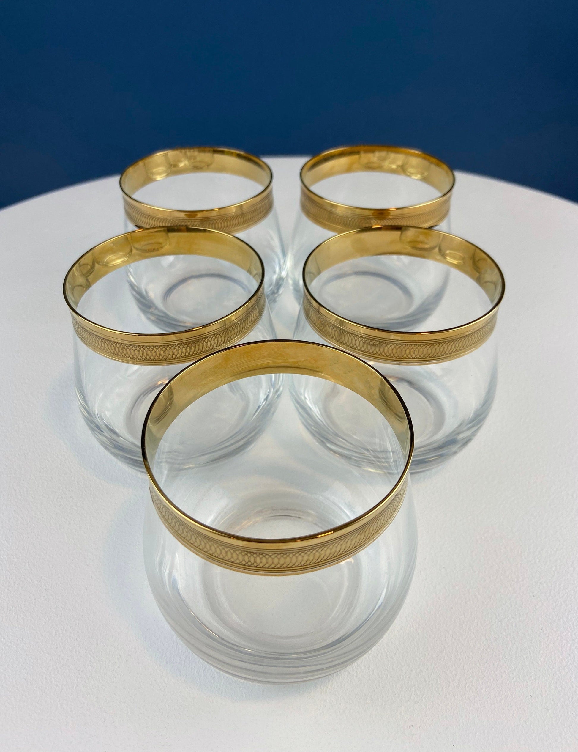 Set of 5 Whiskey or Scotch Stemless Glassware. Bold Gold Rim with Engraved Motif. Elegant Gift for Dad or Him. Office Bar. - Tampa Home & Garden Store