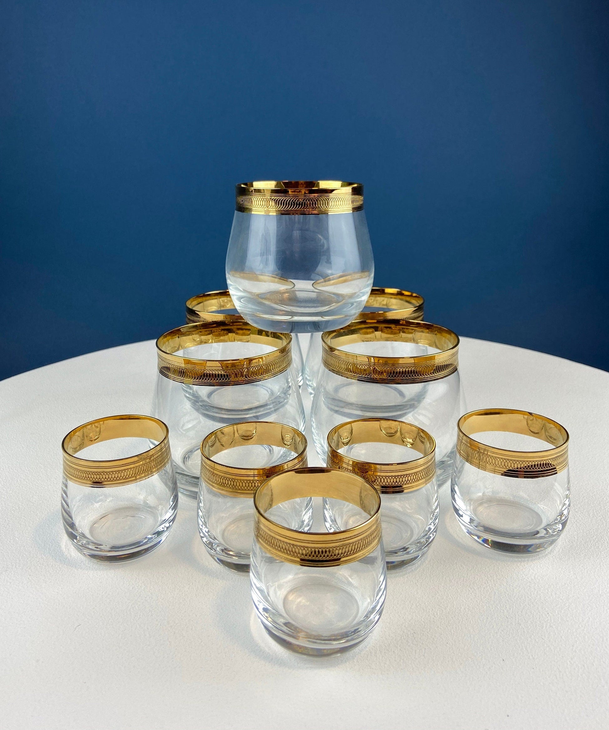 Set of 5 Whiskey or Scotch Stemless Glassware. Bold Gold Rim with Engraved Motif. Elegant Gift for Dad or Him. Office Bar. - Tampa Home & Garden Store
