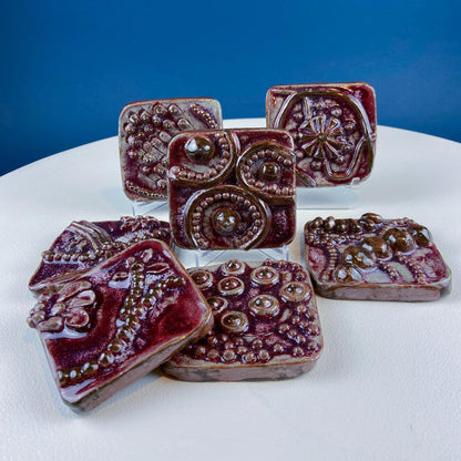 Set of 7 Handmade 3D High Gloss Art Tiles. Dark Red Translucent Glaze. Water Creatures Formations Flora. Wall Decor. Gift for Artist. - Tampa Home & Garden Store