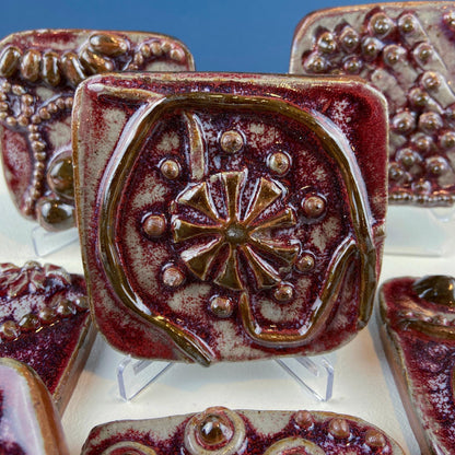 Set of 7 Handmade 3D High Gloss Art Tiles. Dark Red Translucent Glaze. Water Creatures Formations Flora. Wall Decor. Gift for Artist. - Tampa Home & Garden Store