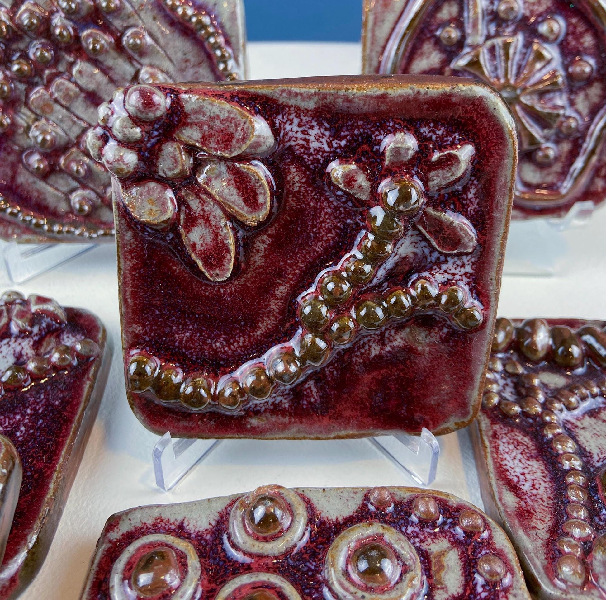 Set of 7 Handmade 3D High Gloss Art Tiles. Dark Red Translucent Glaze. Water Creatures Formations Flora. Wall Decor. Gift for Artist. - Tampa Home & Garden Store