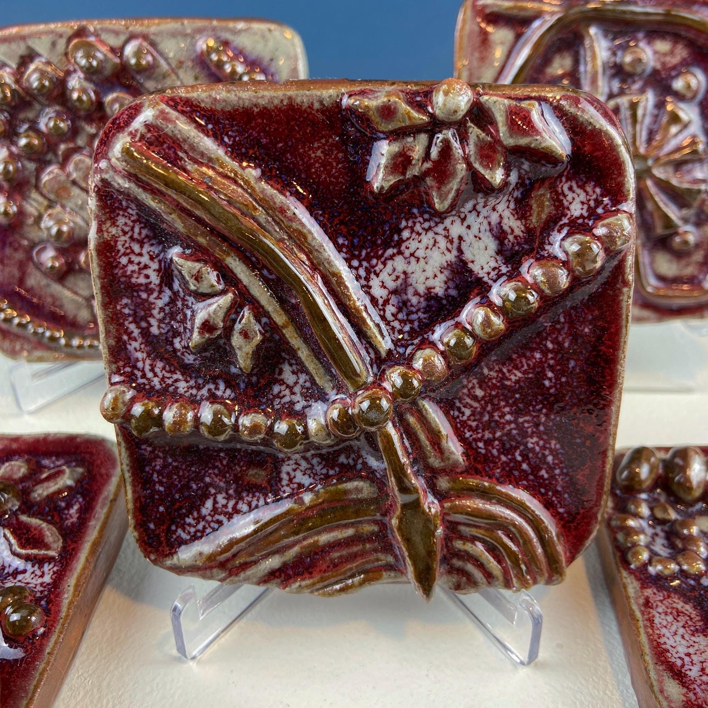 Set of 7 Handmade 3D High Gloss Art Tiles. Dark Red Translucent Glaze. Water Creatures Formations Flora. Wall Decor. Gift for Artist. - Tampa Home & Garden Store