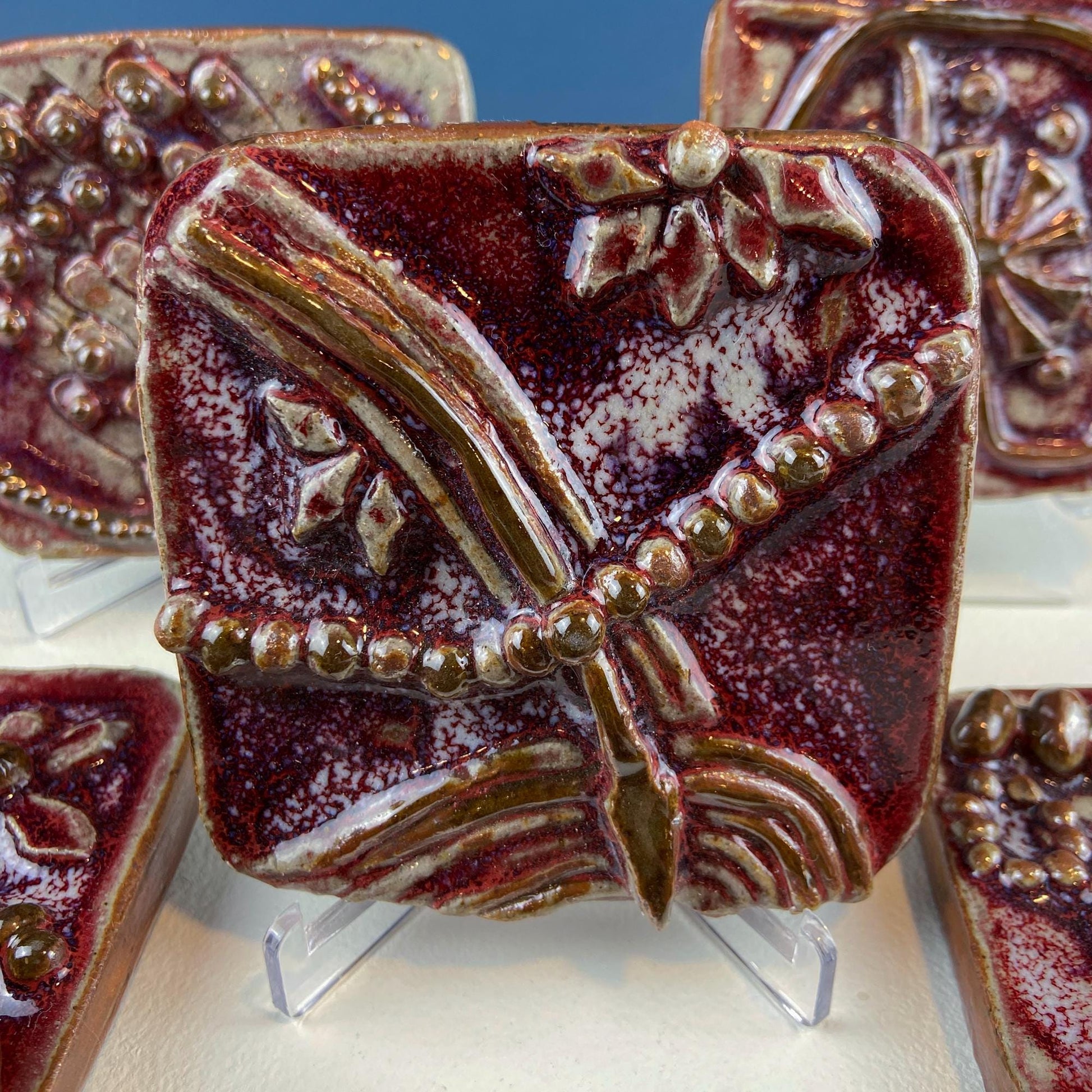 Set of 7 Handmade 3D High Gloss Art Tiles. Dark Red Translucent Glaze. Water Creatures Formations Flora. Wall Decor. Gift for Artist. - Tampa Home & Garden Store