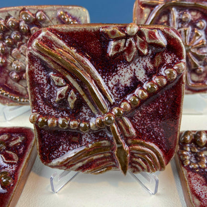Set of 7 Handmade 3D High Gloss Art Tiles. Dark Red Translucent Glaze. Water Creatures Formations Flora. Wall Decor. Gift for Artist. - Tampa Home & Garden Store
