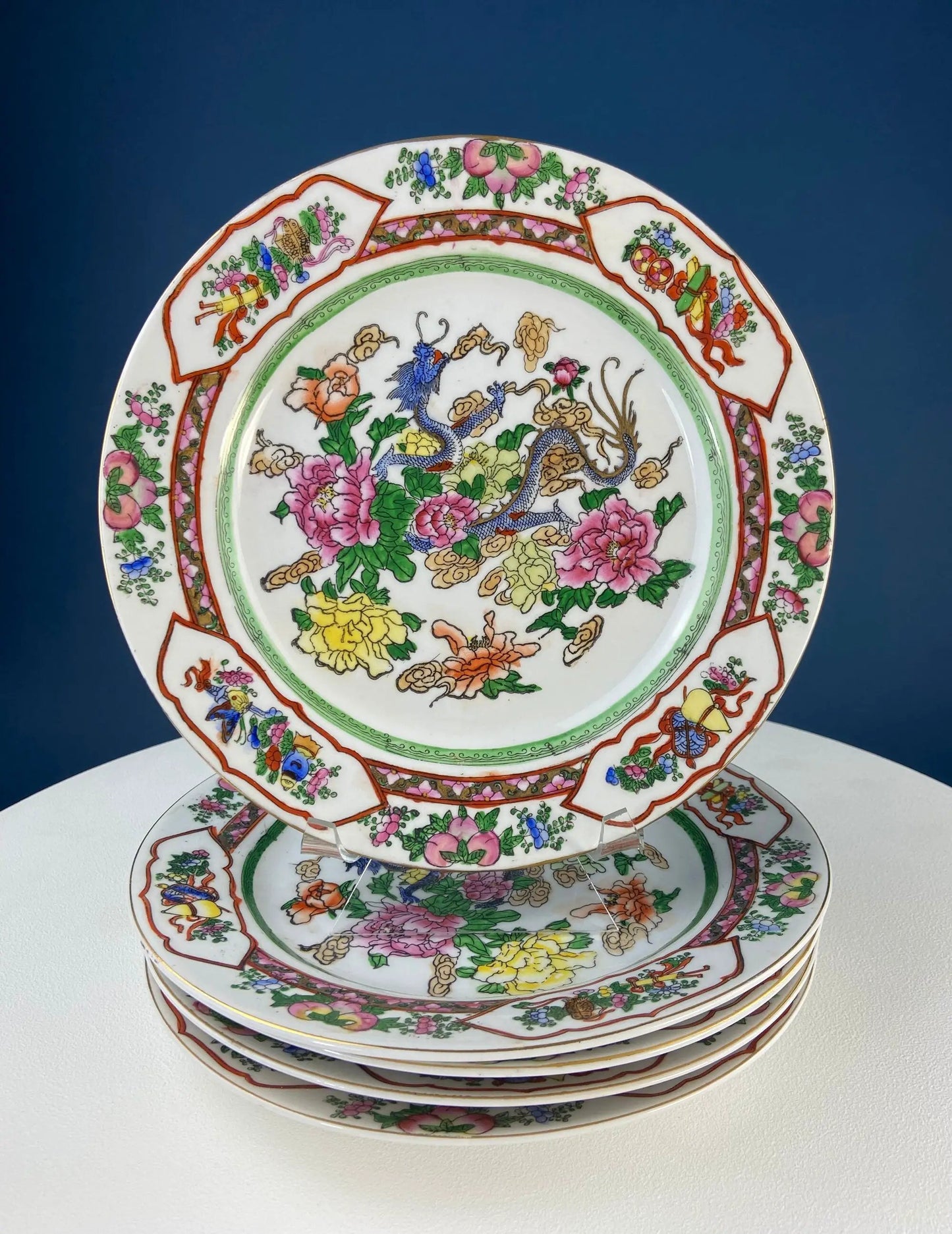Set of five large Asian porcelain plates with dragons and peonies, vivid colorful borders on Tampa Home & Garden Store
