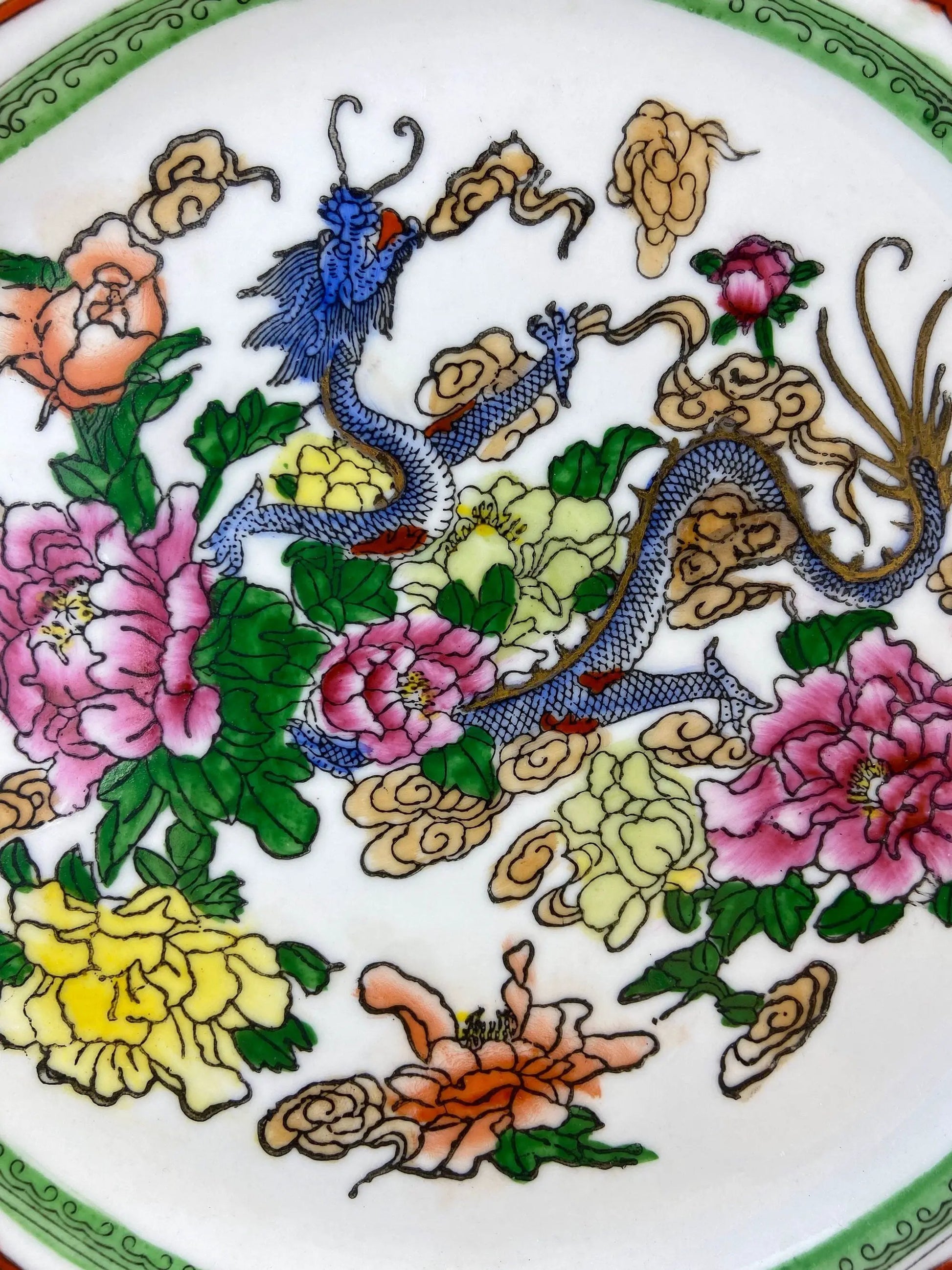 Five large Asian pottery plates with hand-painted dragons and peonies dinnerware on Tampa Home & Garden Store