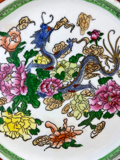 Five large Asian pottery plates with hand-painted dragons and peonies dinnerware on Tampa Home & Garden Store