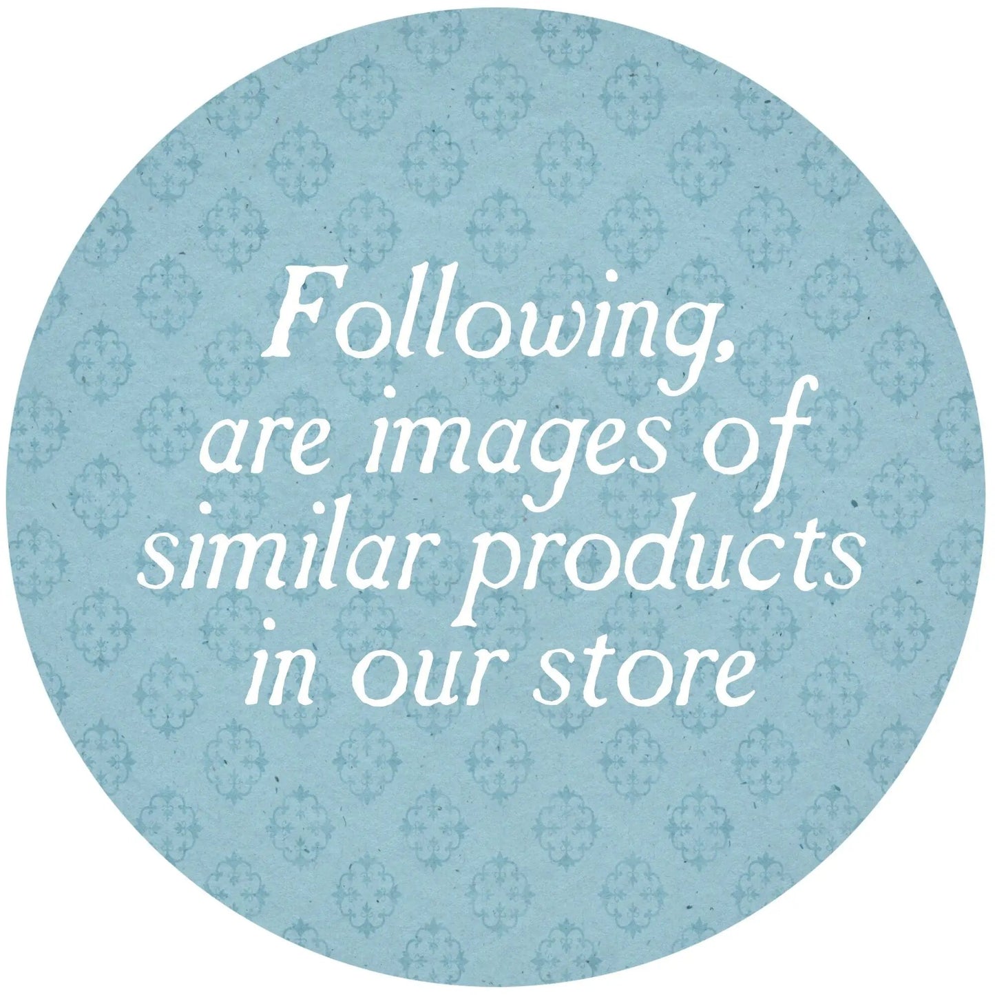 Blue circular store tag with damask pattern and white scripted text for Five Large Asian Plates on Tampa Home & Garden Store