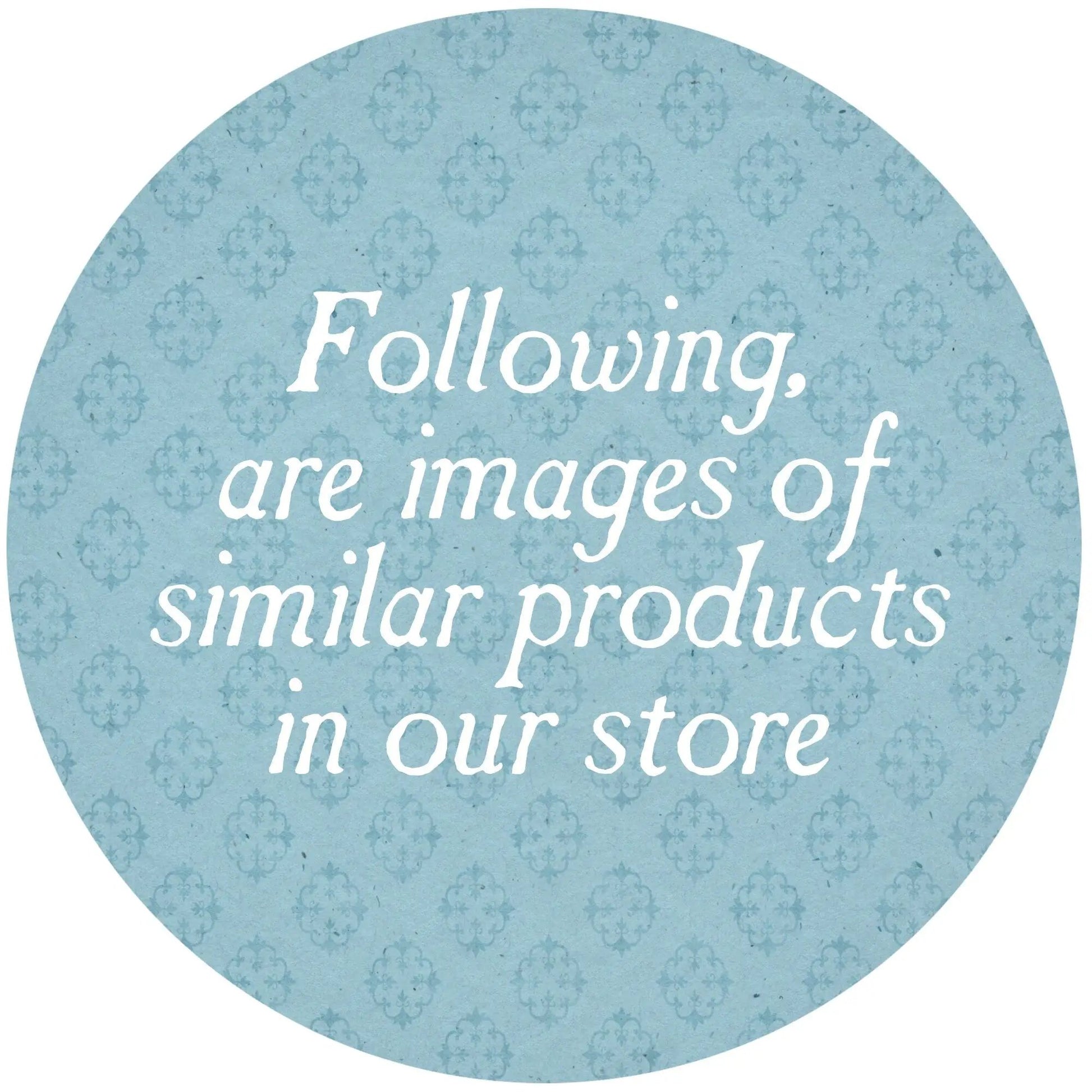Blue circular store tag with damask pattern and white scripted text for Five Large Asian Plates on Tampa Home & Garden Store