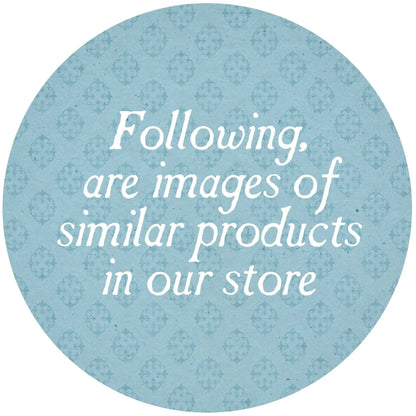 Blue circular store tag with damask pattern and white scripted text for Five Large Asian Plates on Tampa Home & Garden Store