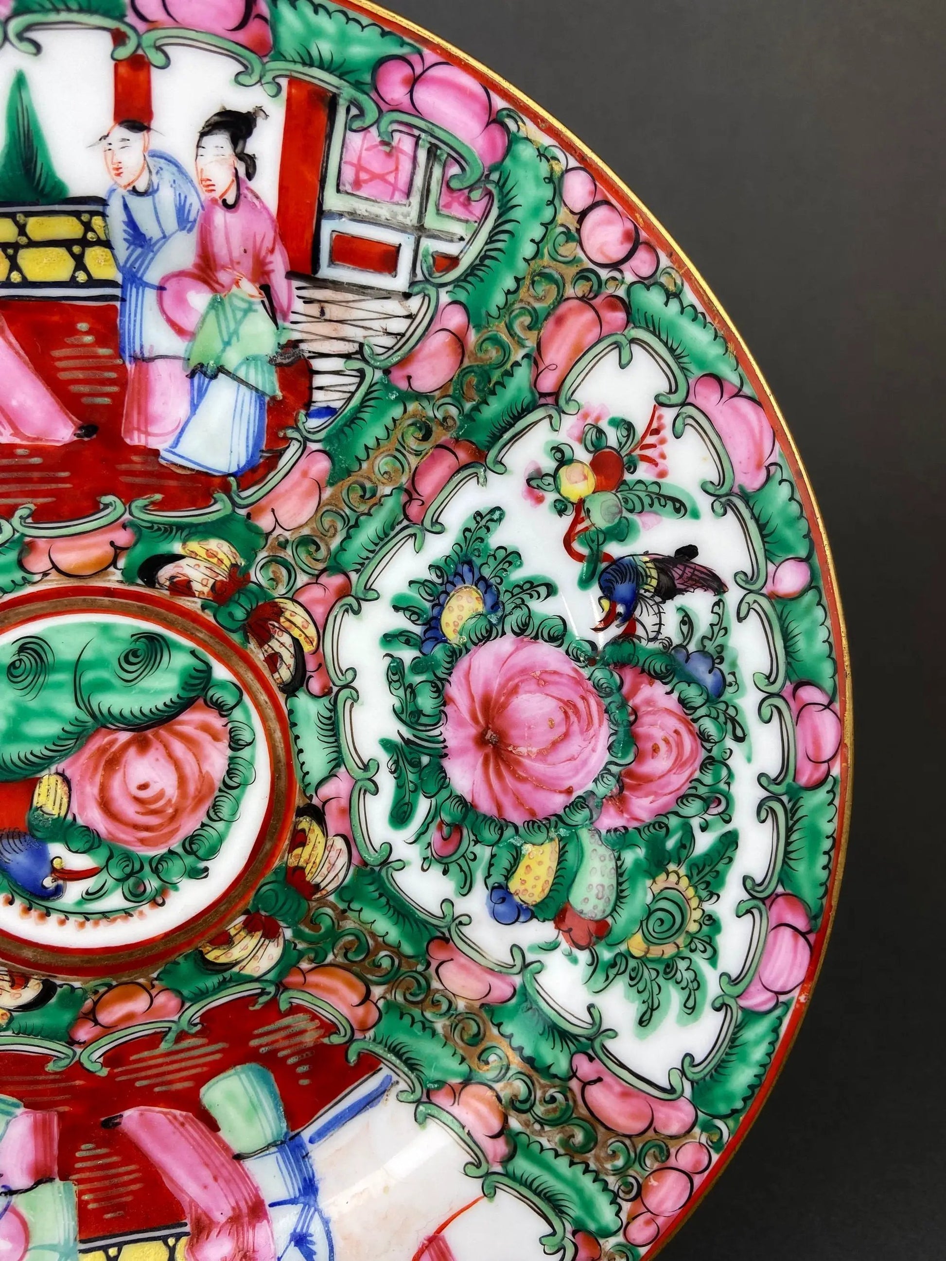 Five large Asian plates with dragons and peonies, colorful hand-painted dinnerware with gold rim on Tampa Home & Garden Store