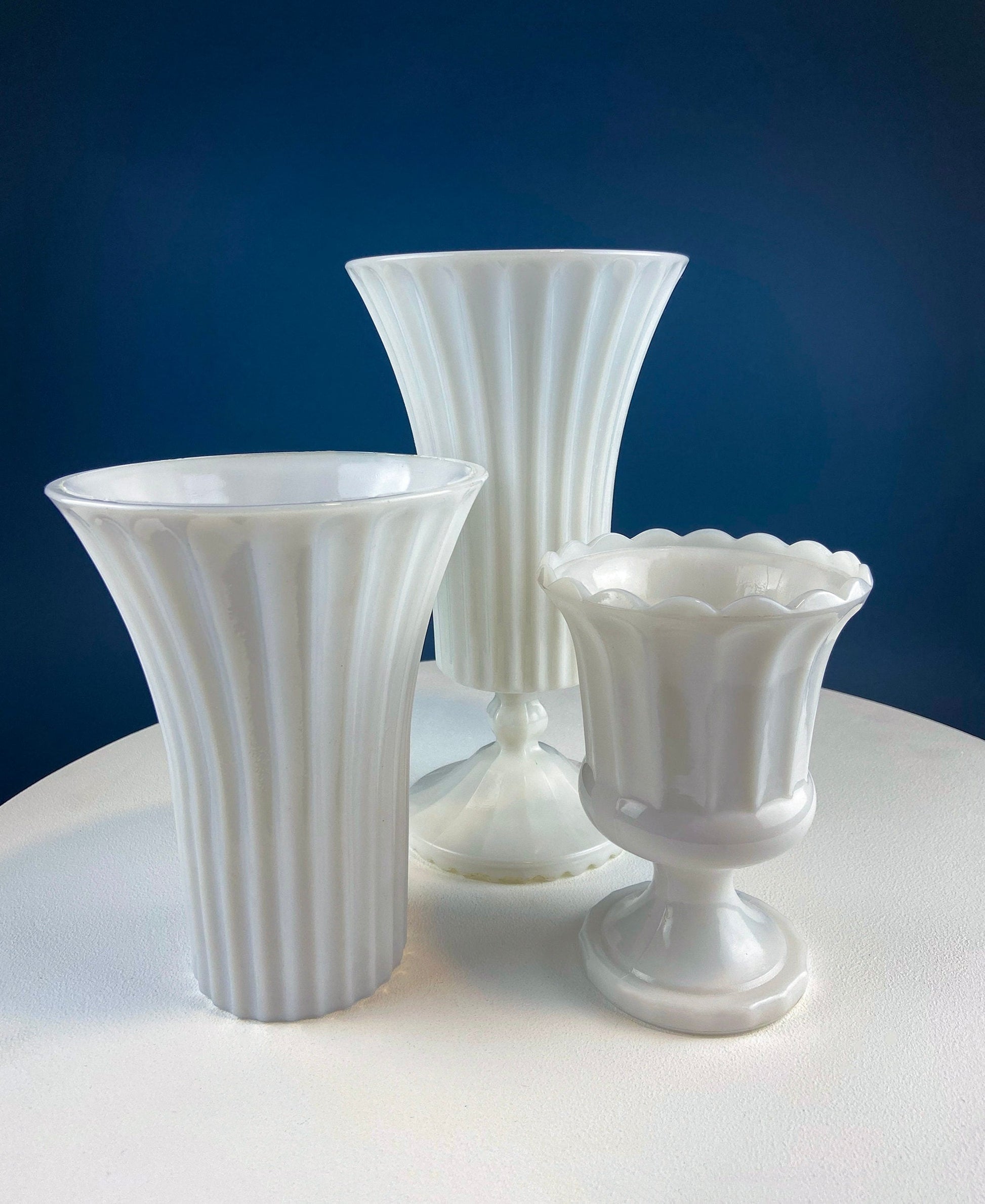 Set of Three, Fluted Milk Glass Vases.  Collection of White, Modern Style Vases of Varying Shapes and Sizes. Wedding Decor. White Home Decor - Tampa Home & Garden Store