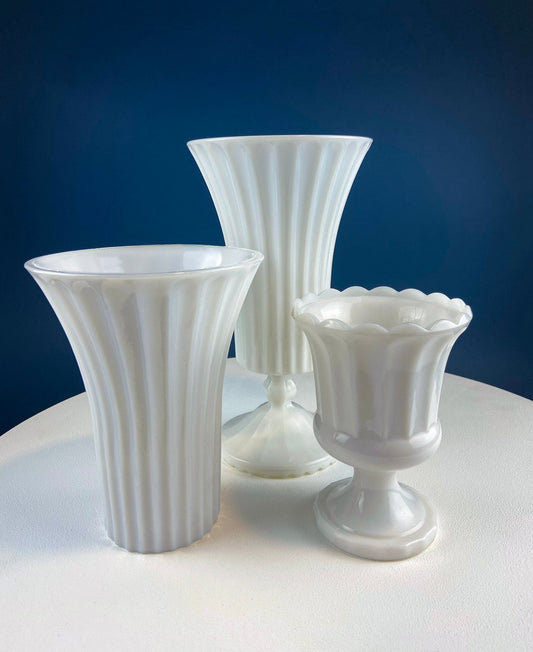 Set of Three, Fluted Milk Glass Vases.  Collection of White, Modern Style Vases of Varying Shapes and Sizes. Wedding Decor. White Home Decor - Tampa Home & Garden Store