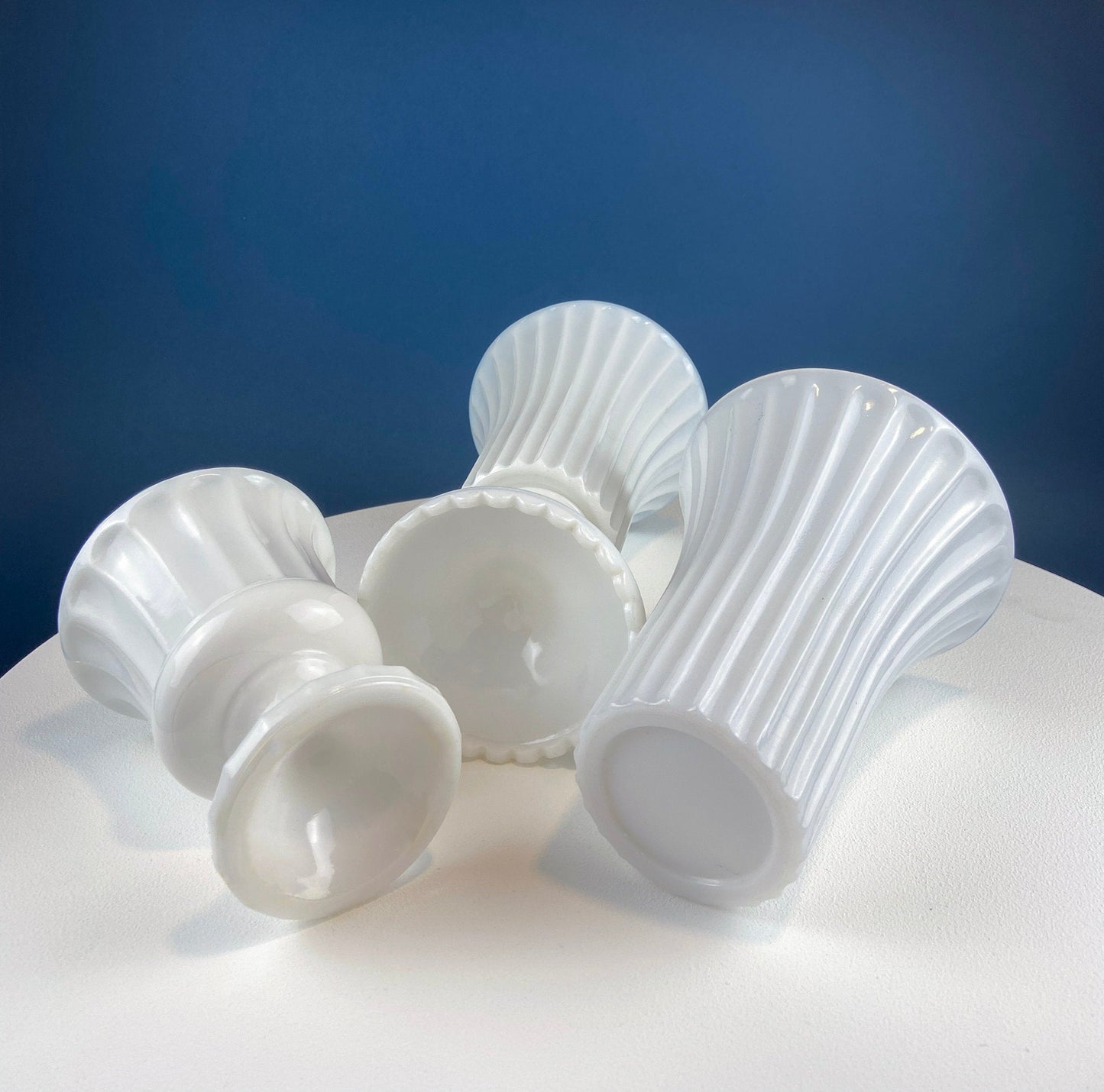 Set of Three, Fluted Milk Glass Vases.  Collection of White, Modern Style Vases of Varying Shapes and Sizes. Wedding Decor. White Home Decor - Tampa Home & Garden Store