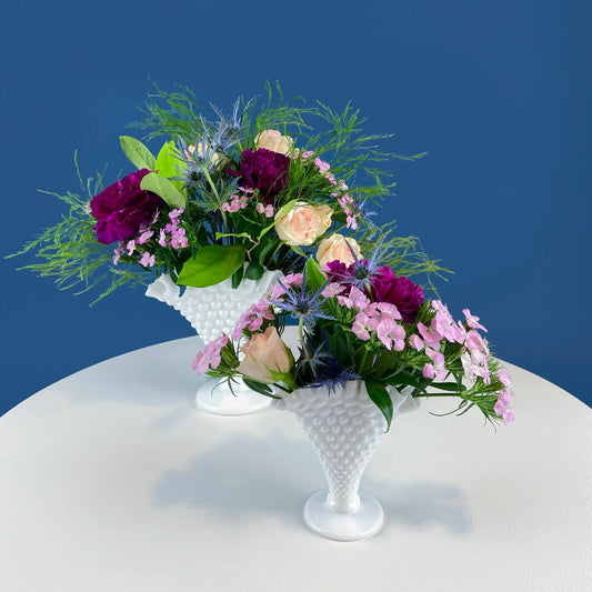 Set of Two Fan Shaped Hobnail Milk Glass Vases. Two Sizes with Scalloped Edges. Contemporary Cottage. Modern Farmhouse. Collectible Glass. - Tampa Home & Garden Store