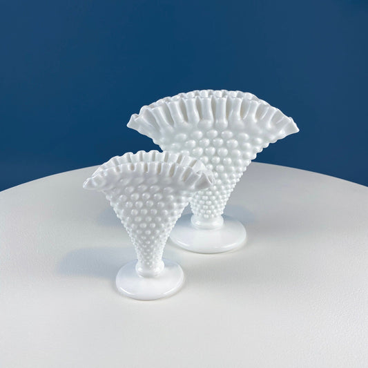 Set of Two Fan Shaped Hobnail Milk Glass Vases. Two Sizes with Scalloped Edges. Contemporary Cottage. Modern Farmhouse. Collectible Glass. - Tampa Home & Garden Store