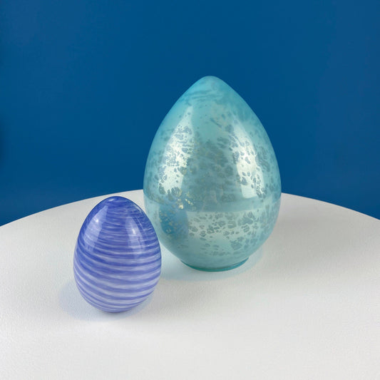 Set of Two Glass Eggs. Large Textured Blue and Smaller Purple with Swirl Embedded in Glass. Easter or Spring Decor. Dining Room Decor. - Tampa Home & Garden Store