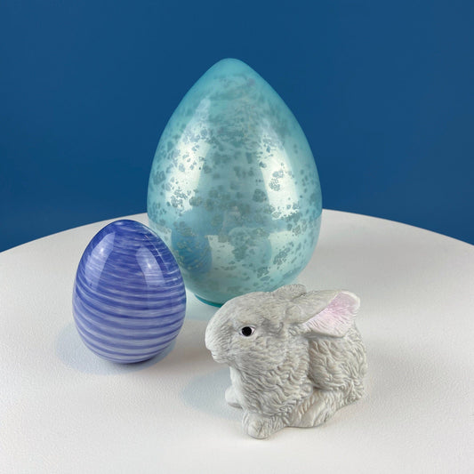 Set of Two Glass Eggs. Large Textured Blue and Smaller Purple with Swirl Embedded in Glass. Easter or Spring Decor. Dining Room Decor. - Tampa Home & Garden Store