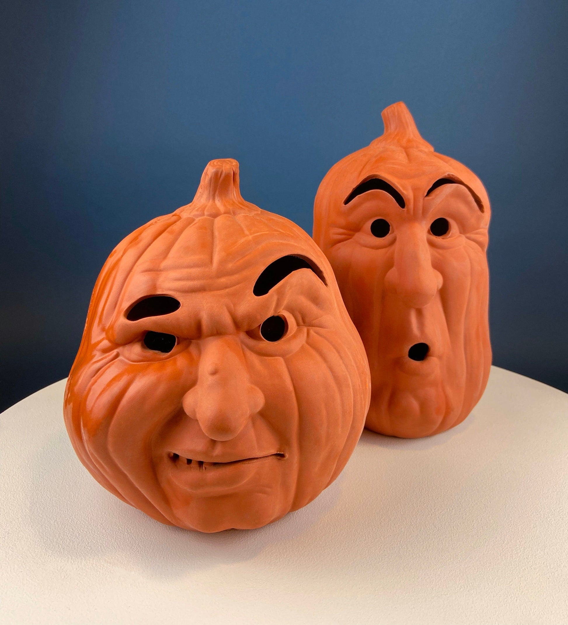 Set of Two Large Clay Pumpkins Making Scary Funny Faces. Candle or Light Kit. Halloween Thanksgiving Fall Decor. Home, Porch or Retail. - Tampa Home & Garden Store