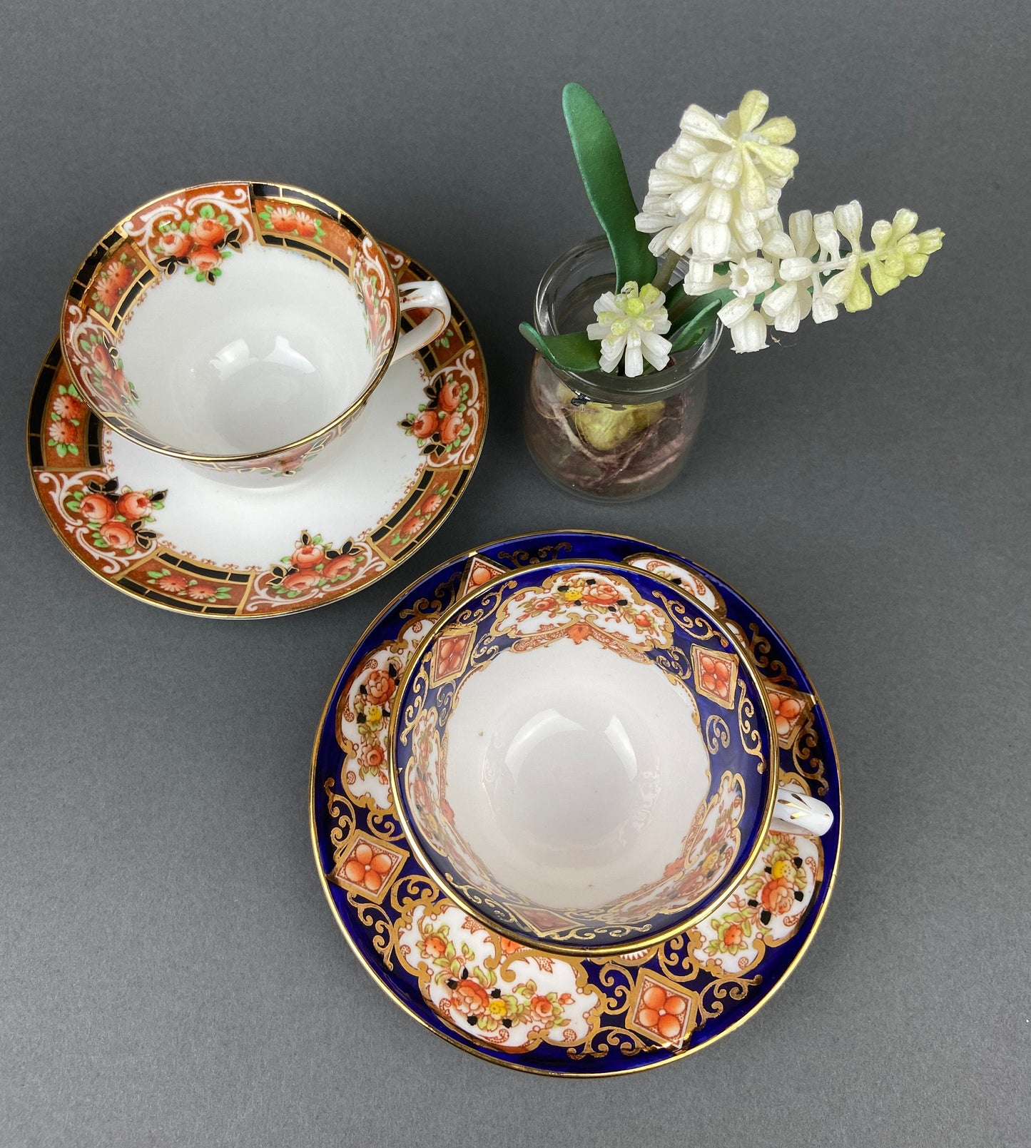 Set of Two Tea Cups and Saucers. Hand Painted Royal Albert Crown China and Salon China Richmond. Made in England. - Tampa Home & Garden Store
