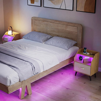 LED nightstand set with charging station and drawer, oak wood finish, 2 pieces, purple glow on Tampa Home & Garden Store