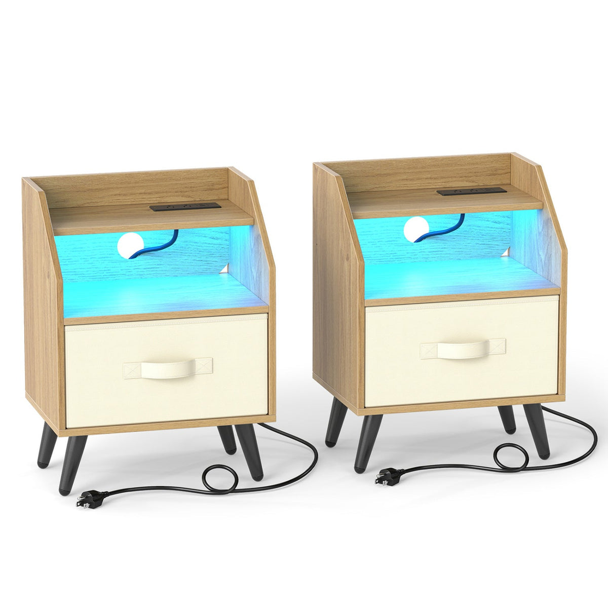 LED Nightstand Set with Charging Station & Drawer (Set of 2) by DirectDeals, wood tone, blue interior LED on Tampa Home & Garden Store