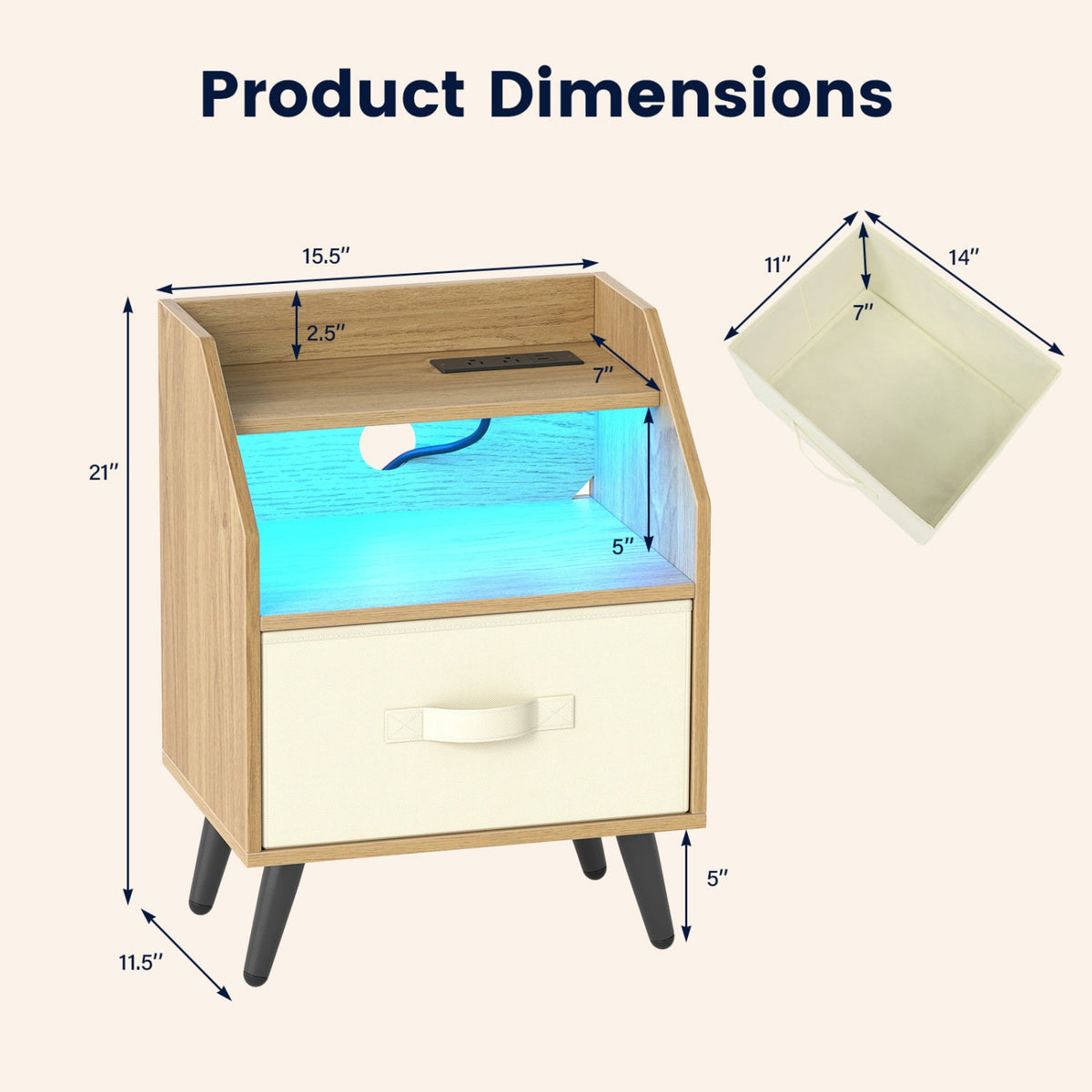 DirectDeals LED nightstand set with charging hub and drawer, blue LED interior, 2-piece on Tampa Home & Garden Store