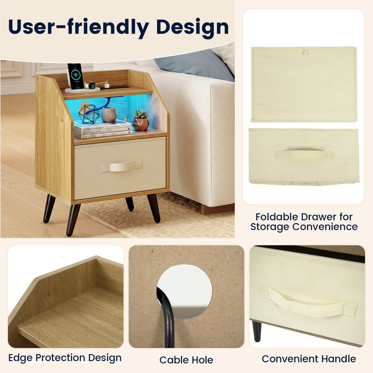 LED nightstand set with charging station by DirectDeals, oak frame with beige drawers (set of 2) on Tampa Home & Garden Store