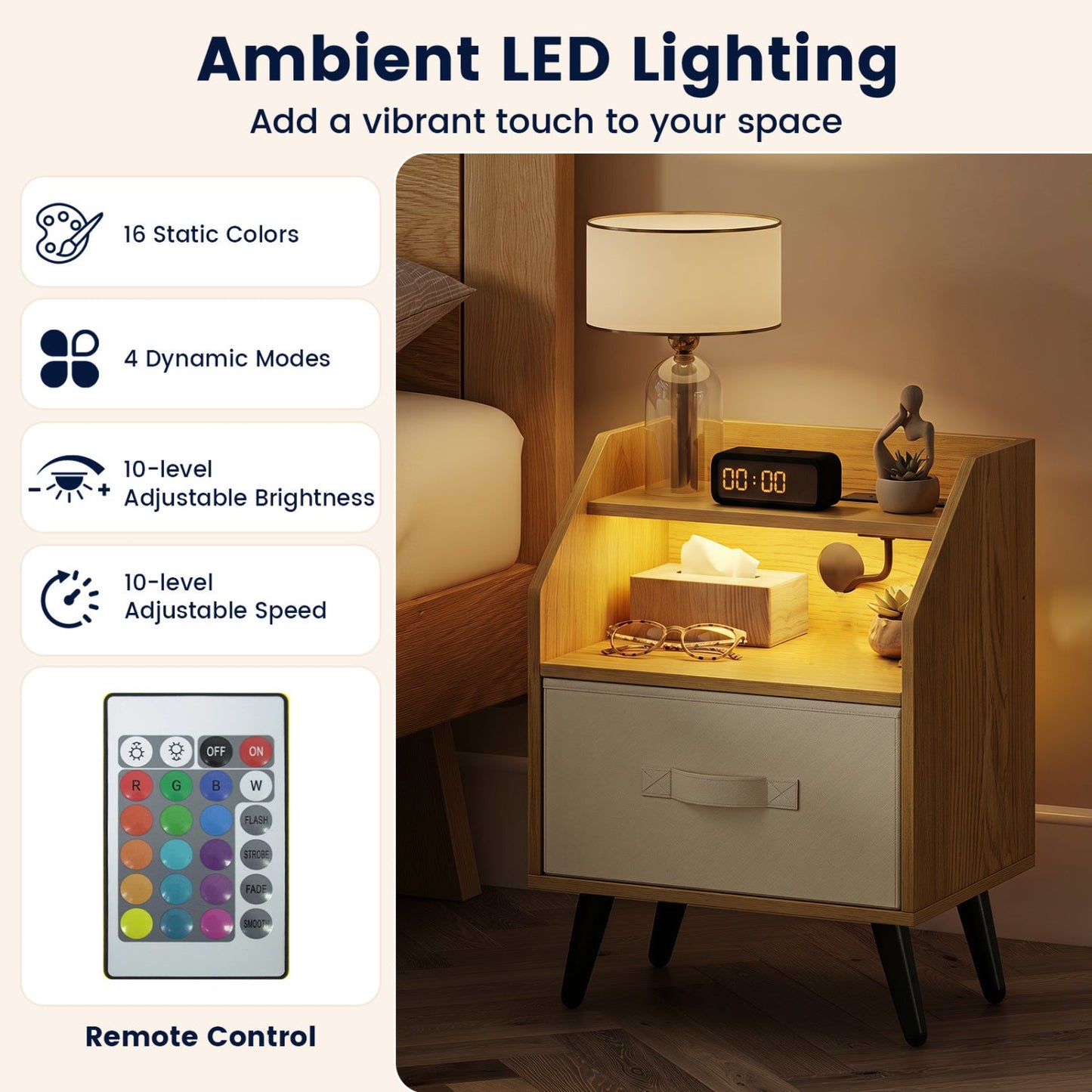 DirectDeals LED Nightstand Set with Charging Station & Drawer, 2pc in wood tone with remote on Tampa Home & Garden Store