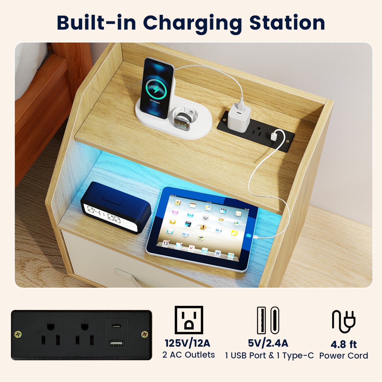 LED Nightstand Set with built-in charger, 2-pack DirectDeals white nightstands with phone dock on Tampa Home & Garden Store