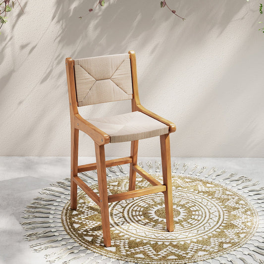 Set of 1 Outdoor Counter Height Bar Stool Woven Paper Rope Patio Barstool with Teak Wood Frame - Tampa Home & Garden Store