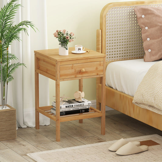 Set of 1/2 Bamboo Nightstand Bedside Table with Storage Drawer and Open Shelf - Tampa Home & Garden Store