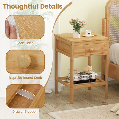 Set of 1/2 Bamboo Nightstand Bedside Table with Storage Drawer and Open Shelf