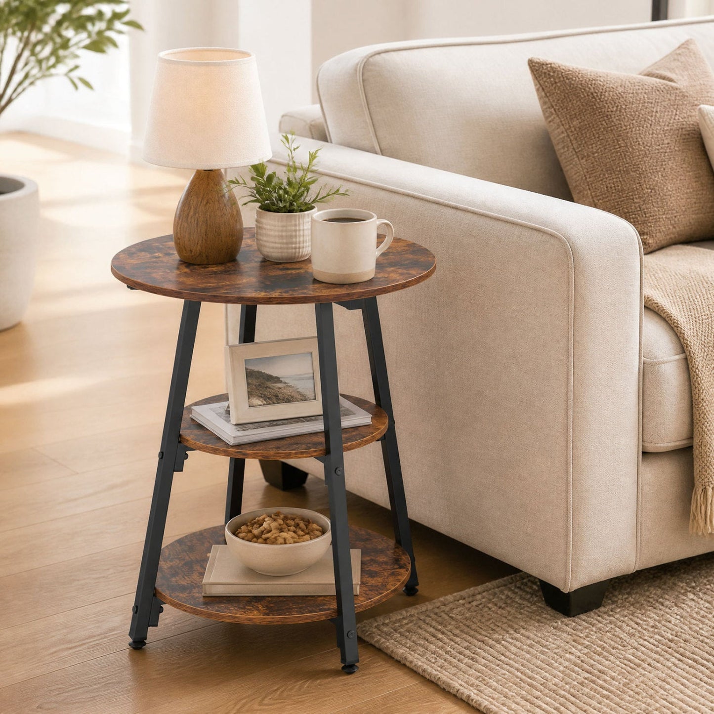 Industrial side table with round wood top and 3-tier shelves on a black metal frame on Tampa Home & Garden Store